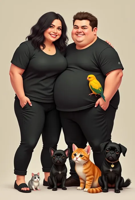 A white Brazilian woman with medium black hair wearing a black t-shirt and black pants with her slightly chubby, very pale husband dressed all in black with his wavy brown hair very short., with an orange cat with stripes, your little shih tzu dog with a f...