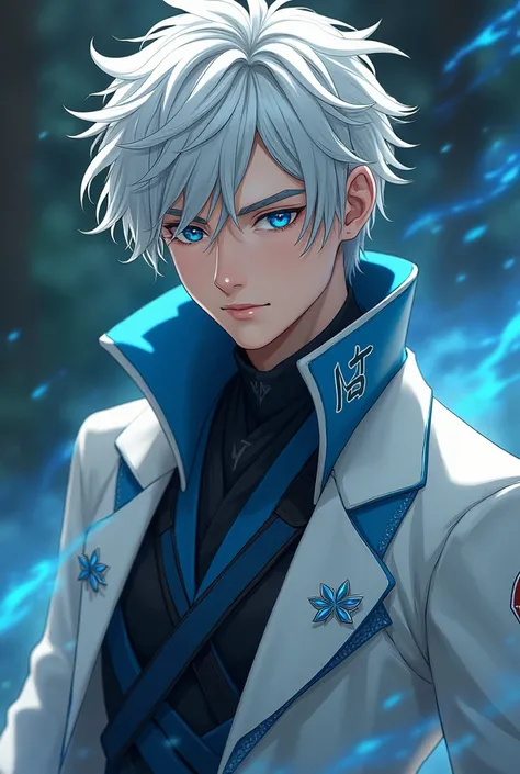 make a 20 year old boy son of satoro gojo with blue eyes, American style white hair wearing the Jujutsu Sorcerer School uniform
