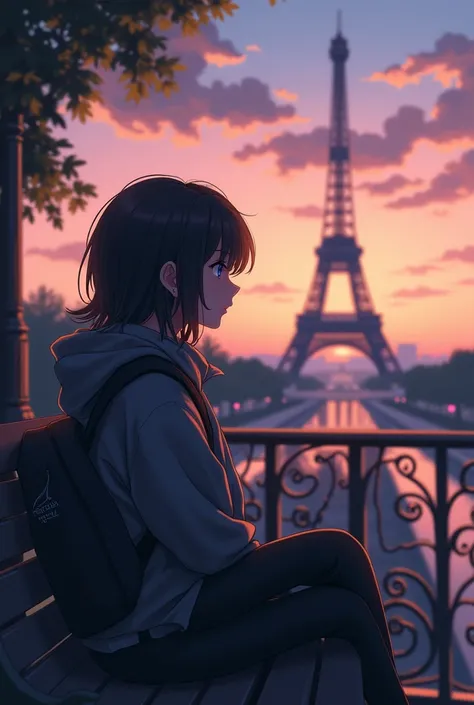 A teenager sitting on a park bench in the distance, where you can also see the Paris tower, and on the side, the teenager&#39;s face with a face of love and confusion at the same time (anime)