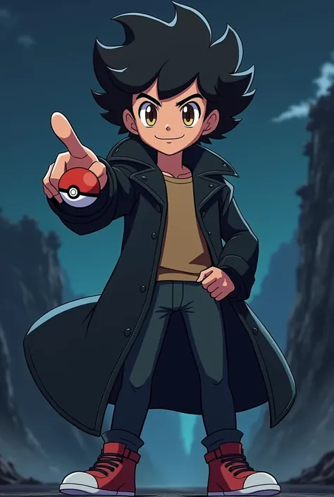 Create a unique Pokémon trainer inspired by the individual in the photo. The character is a confident and strong young man , with tightly coiled dark curly hair, brown eyes wearing a black leather overcoat. The coach is in a pose of arrogance, pointed his ...