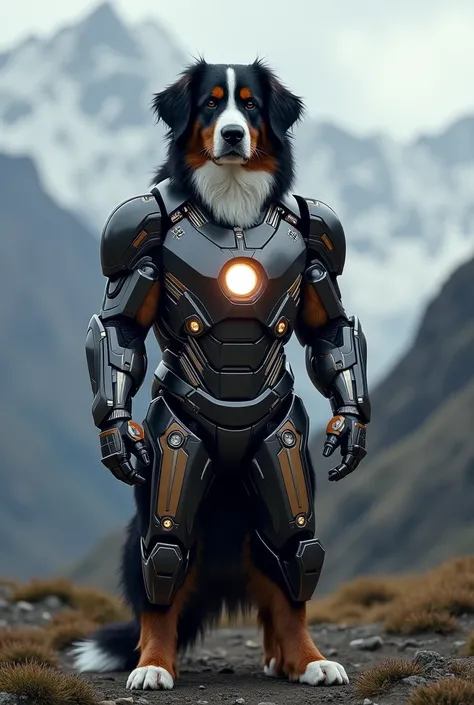 Make a Bernese Mountain Dog using Iron Man;s armor from the Marvel movie in 4k image