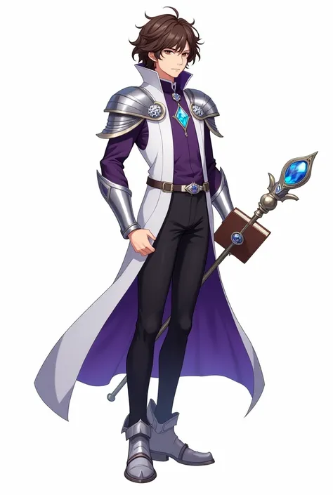 Anime-style. Young male clergyman, with olive skin tone and amber eyes, medium length curly brown hair. Full body. Isolated against a clean white background. Dressed in shirt, black pants and a white tunic with purple interior held in place by a blue jewel...