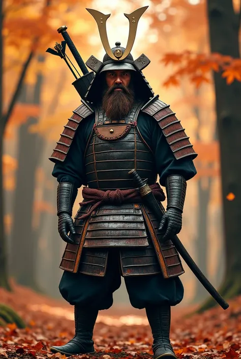 Samurai, with armadura yoroi, Casco Yoroi, yoroi boots, with a single kanata and a single bow on the back, that is an adult person,brown beard in the background that is in a forest in autumn