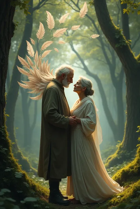 A very old couple where the woman slowly dissolves into feathers in a forest with trees 