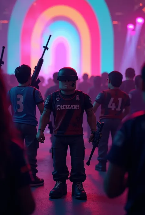 Rio de Janeiro drug dealers with team shirt in roblox style, armed, at a funk dance with colored lights 