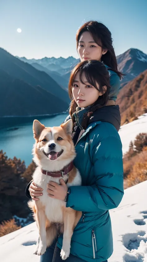 Super detailed, High resolution, Super detaileded, highest quality, wonderful, highest quality,Integrated 8K wallpaper, cinematic lighting, beutiful korean woman and her dog in mountain