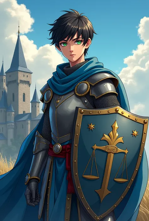 Young man with short black hair, and green eyes, wearing chain mail armor. With a flowing blue cape, a helmet in one hand and in the other a shield with the symbol of a sword piercing a scale. Anime style with a castle in the background.
