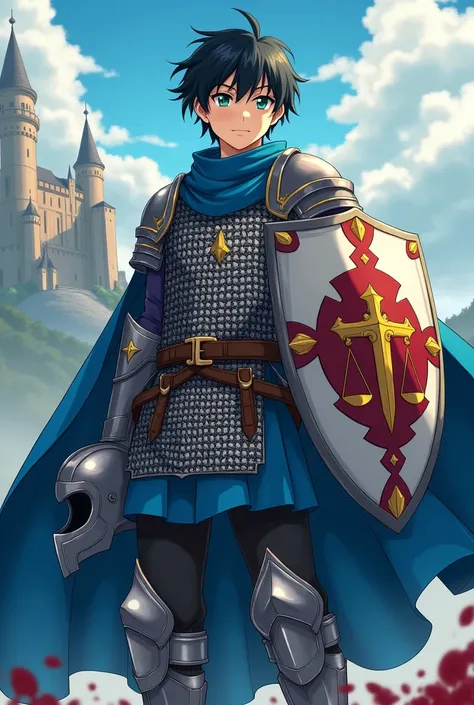 Young man with short black hair, and green eyes, wearing chain mail armor. With a flowing blue cape, a helmet in one hand and in the other a shield with the symbol of a sword piercing a scale. Anime style with a castle in the background.
