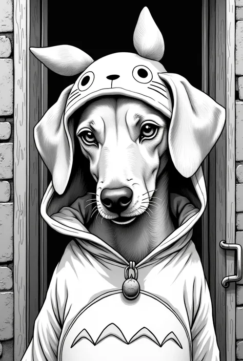 Beautiful Vizsla with big eyes and light fur in Totoro costume in Peaky Blinders style black and white coloring page comic 