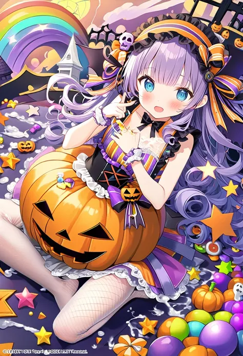 masterpiece, the best, the best, Official Art, Beauty: 1.2), (One Girl), Very detailed, (Fractal Art: 1.3), ((halloween colorful: 1.7)), Most detailed, Purple Hair, Curly perm, Shortcuts, Big eyes, Japanese women, (Ruffled cuffs, Chiffon lace ribbon suspen...