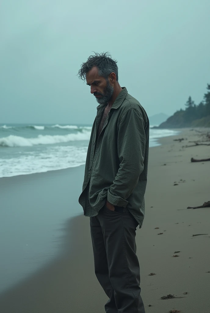 realistic image,
Sad man on the beach in cold and rainy weather