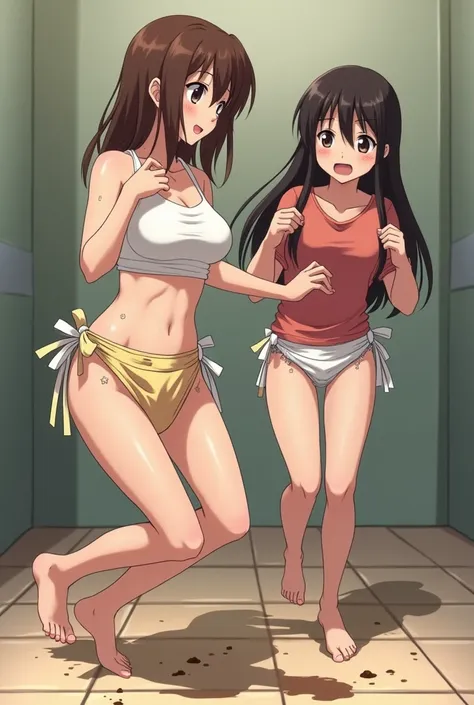  anime girl wearing a diaper with a very very full brown and yellow part of the diaper and her mouth open in shame and a woman going after her with a very happy diaper with the floor all dirty with poop