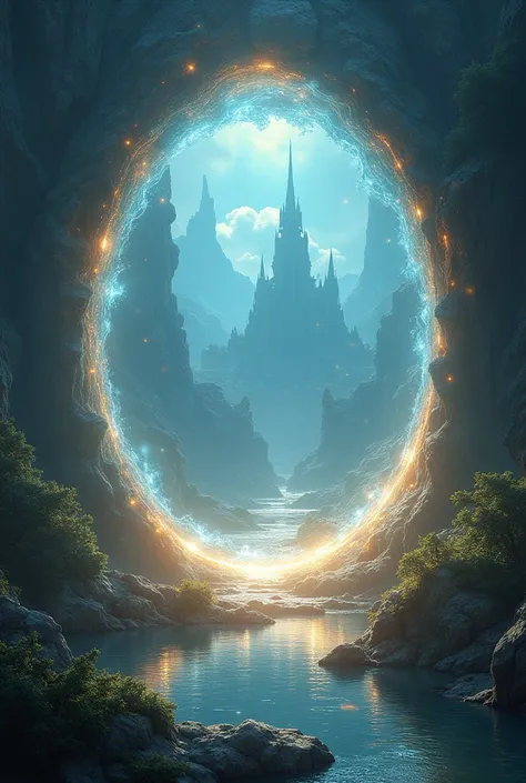 image: A luminous portal that connects our world with the mysterious world of Shambala. In the background, A floating city and exotic landscapes are glimpsed.