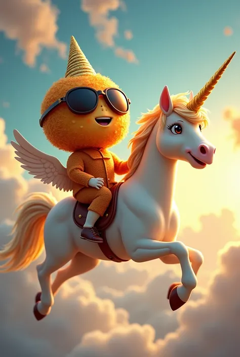 Fried cheese ball wearing a pilot hat with sunglasses riding a flying unicorn