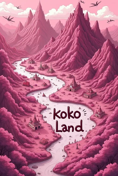 Hot pink drawn map of an unknown country with the words koko land
