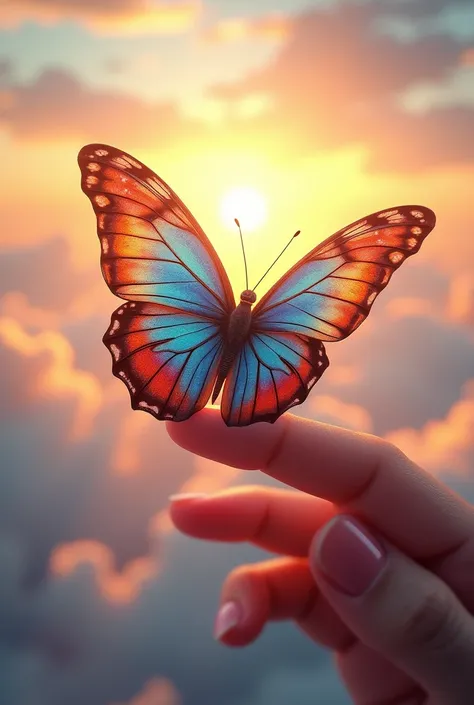 An image of a butterfly 88 with blue colors, red and yellow perched on a person&#39;s finger and in the background a heavenly-looking sky and sunset with sunlight
