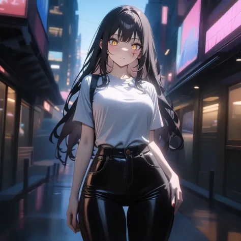 (masterpiece), 1girl, yoru, chainsawman, expressive eyes, perfect face, black hair, long hair, golden eyes, scar, well endowed body, wide hips, detailed eyes, perfect anatomy, ray tracing, UHD, (cinematic:1.2), shirt , pants, (best quality), (ultra detaile...