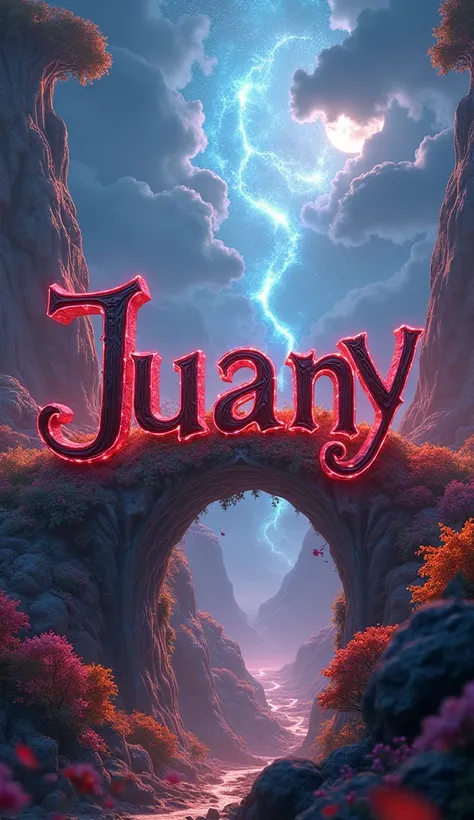 A fantastic background full of fantasy with the name Juany written in 3D with giant letters in black and red colors 