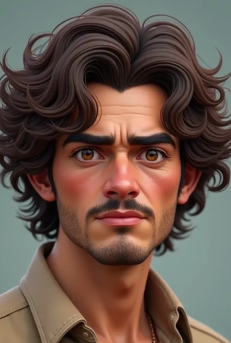 The image features a digital-style avatar with a male face.. The character has brown hair with voluminous, defined curls., which give a very characteristic appearance. He has thick, expressive eyebrows., a simple black mustache, and a serious facial expres...