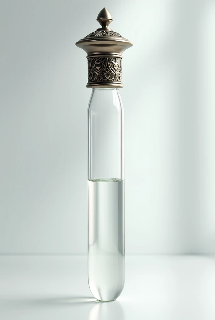 Create a very realistic image with ultra high resolution, better quality (photorealistic 1.4) and very good lighting. Laboratory test tube type perfume bottle, with a white transparent liquid inside. The medieval type metal lid