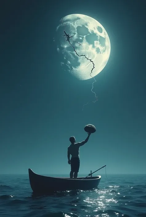 I remember the text. A man, standing in the ocean, aims a slugshot from his boat using rock. The rock strikes the moon, causing it to crack.