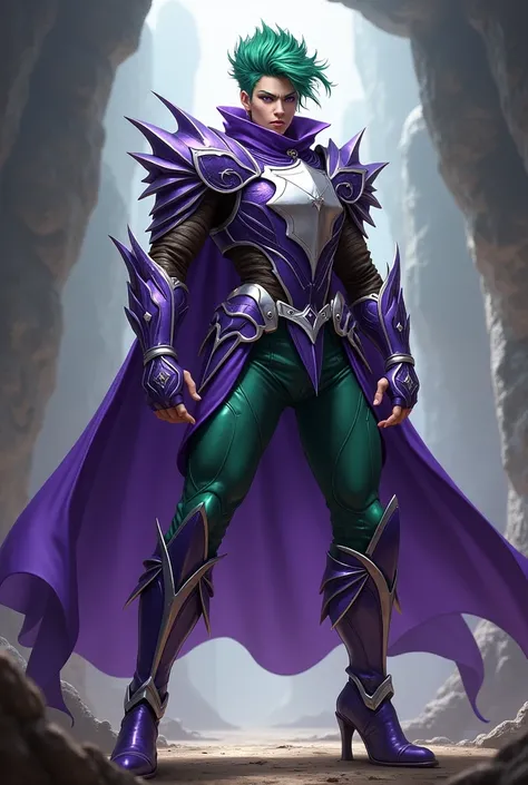 Create a Silver Knight of Ophiuchus with an imposing and powerful appearance. Your armor is purple, covering only essential parts of the body, like shoulders, chest and waist, leaving other areas exposed to highlight your mobility and strength. The armor h...