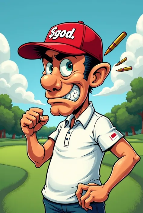 Logic wojak golfing, white polo red hat with word $GOD, a bullet hits his ear, with fist in the air, carton style 