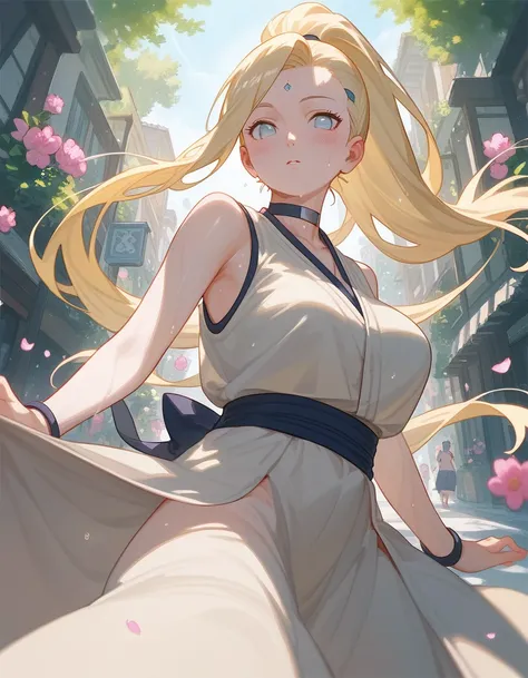 (from below:0.6), score_9_up,score_8_up, (ino yamanaka), (naruto), 1girl, solo, blonde hair, long hair, looking at viewer, big breast, flowers, street, (pose), hand, bologna vest, choker, (stomach), pose, ((blush)), ((sweaty)), long skirt, ponytail, bare s...