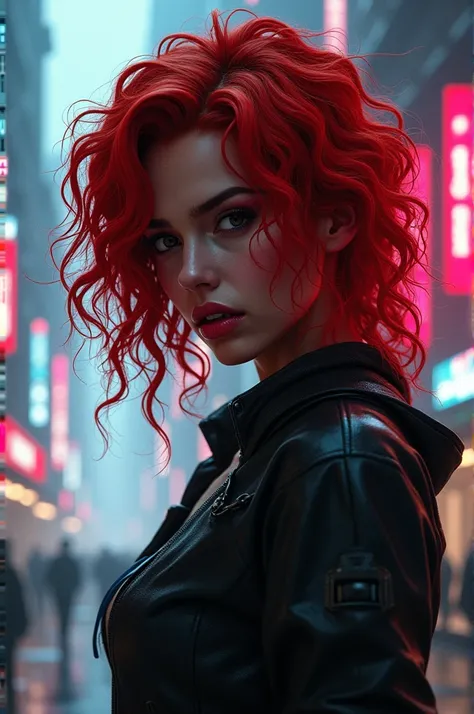 A woman with curly red hair, cyberpunk style