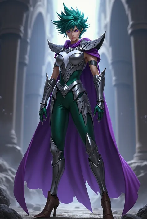 Create a Silver Armored Woman of Ophiuchus with an imposing and powerful appearance. Your armor is purple, covering only essential parts of the body, like shoulders, chest and waist, leaving other areas exposed to highlight your mobility and strength. The ...