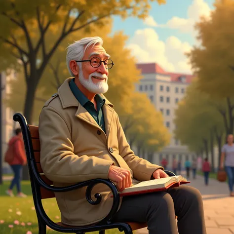 Michael ("Persistent, romantic, forever in love with Sofia"), now around 60 years old in Pixar style/cartoon, is sitting on a chair in the park, looking at the sky with a slight smile on his face. He wears a light coat and holds a closed book on his lap.. ...