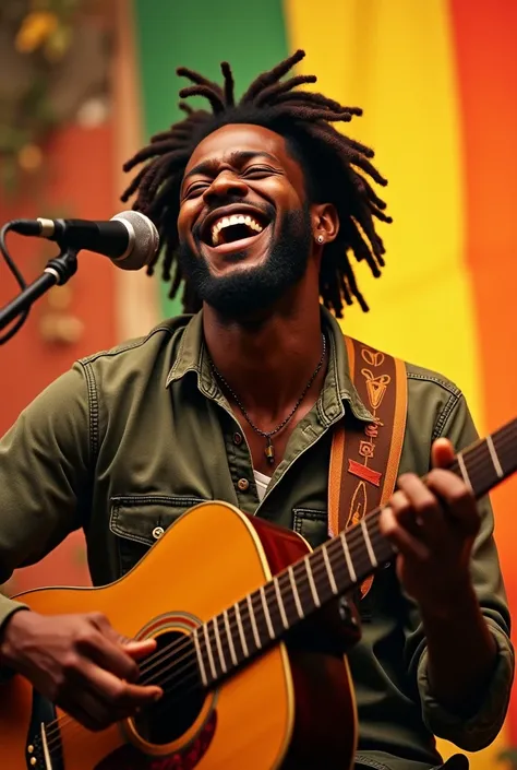 Create an image of a happy black man, with the colors and symbols of reggae, playing guitar 