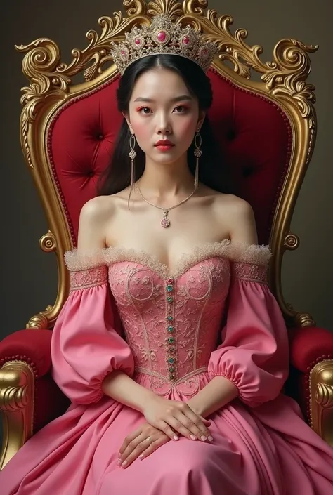 A beautiful Korean woman wearing a pink dress wearing a crown sitting on a throne.. And there is the writing Queen Saskia on the back