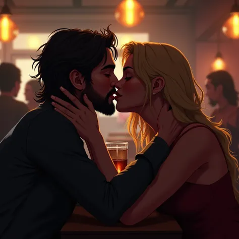 a bar. On the left side of the image, una mujer morena con el pelo largo y un hombre de pelo moreno joven con barba fina kissing. To the right of the image, a blonde woman and a young blonde man with a thin beard, kissing, realistic image 