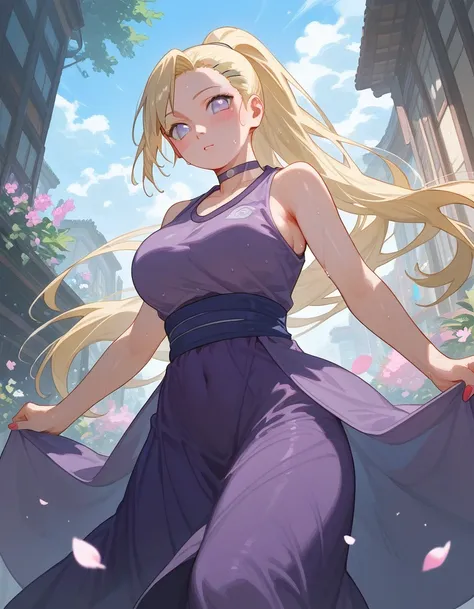 (from below:0.8), score_9_up,score_8_up, (ino yamanaka), (naruto), 1girl, solo, blonde hair, long hair, looking at viewer, big breast, flowers, street, (pose), hand, choker, (stomach), pose, ((blush)), ((sweaty)), long skirt, ponytail, bare shoulders, viol...