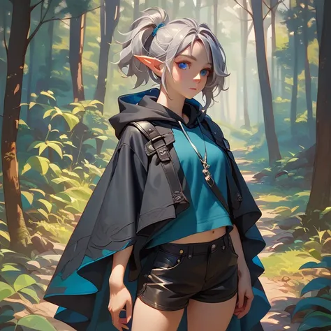 One girl, whole body、High resolution, blue eyes, Elf、Silver Hair、Short Ponytail, Hooded cloak、Elfの姫騎士、Black Leather Shorts、forest、traveller、walk、