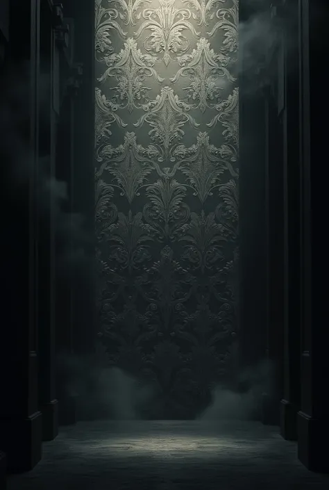 The image shows an environment shrouded in darkness with an ornate pattern emerging from the center., in classical style, reminiscent of delicate and floral arabesques. The color palette remains between dark tones, predominantly black, gray and subtle nuan...