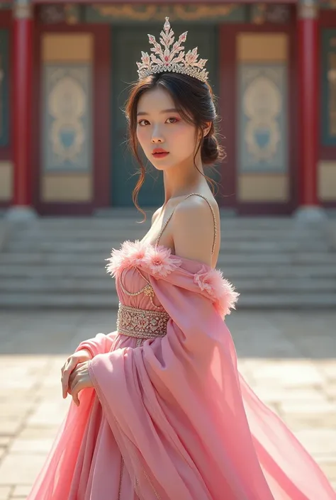 A beautiful Korean woman wearing a pink dress and a crown is standing in front of the palace.. And there is a writing that says Queen Saskia 