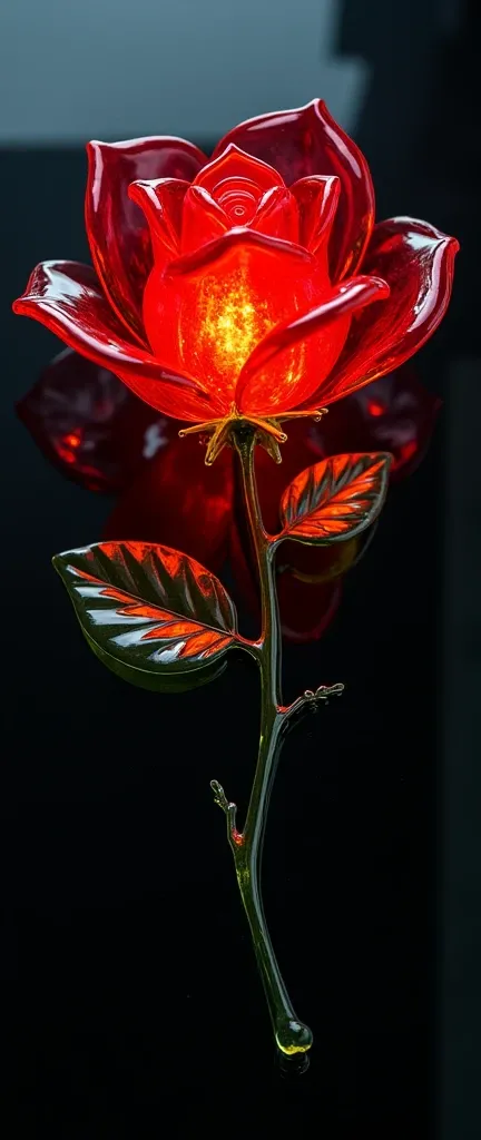 Top view of a red rose made of transparent glass it shines revealing its bright red as if it had its own light, Its small branch is also made of glass with a slight green tone. It is lying on a black reflective glass surface in a dark environment, highligh...