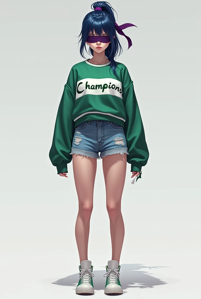 Blusa verde da Champions com branco, dark blue hair tied in a ponytail,with dark purple blindfold,short jean shorts , white shoe that leaves a white effect at the back(character looking forward)