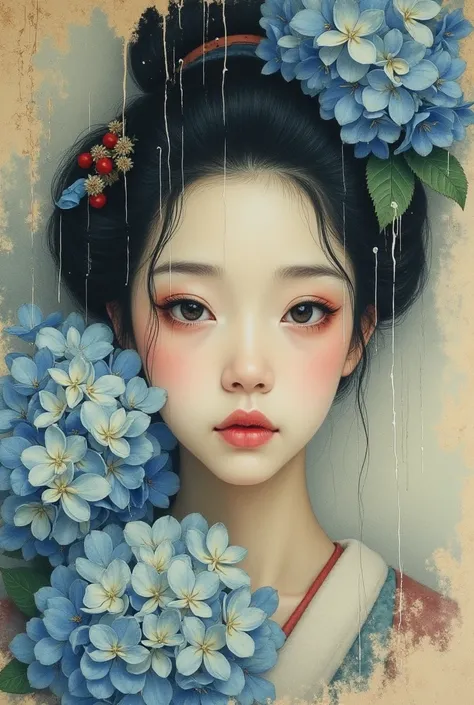 Watercolor、Old paper texture、Damaged Paper、Old style、Faded colors、Rough brush strokes、Close-up of face、Hydrangeas soaked in the rain and Edo-period courtesans、Blurred Painting、Front facing picture