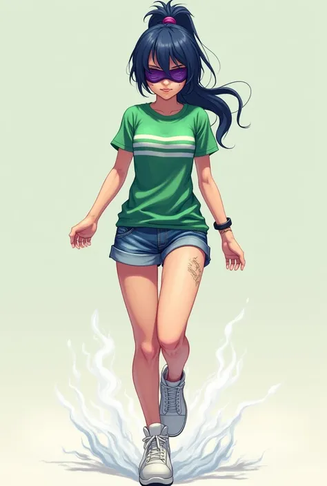 Green Champions shirt with white stripes, dark blue hair tied in a ponytail,with dark purple blindfold,short jean shorts , white shoe that leaves a white effect at the back(character looking forward)