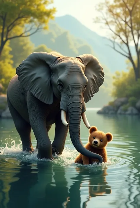 A baby bear falls into a lake and an elephant helps him out 
