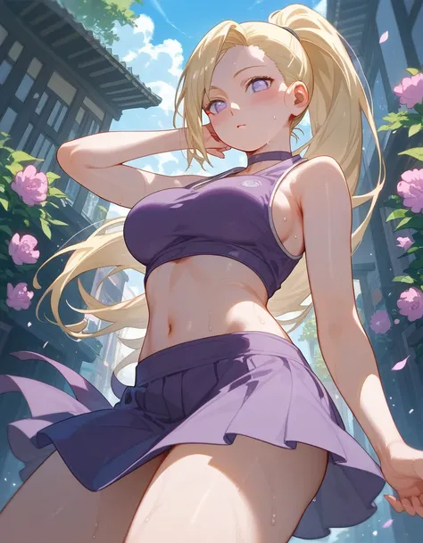 (from below:0.8), score_9_up,score_8_up, (ino yamanaka), (naruto), 1girl, solo, blonde hair, long hair, looking at viewer, big breast, flowers, street, (pose), hand, choker, (stomach), pose, ((blush)), ((sweaty)), skirt, ponytail, bare shoulders, violet cl...