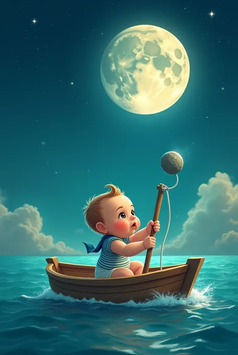 A baby, in the ocean on the a boat, using a slingshot with a rock aimed. The rock strikes the moon, causing it to crack. 