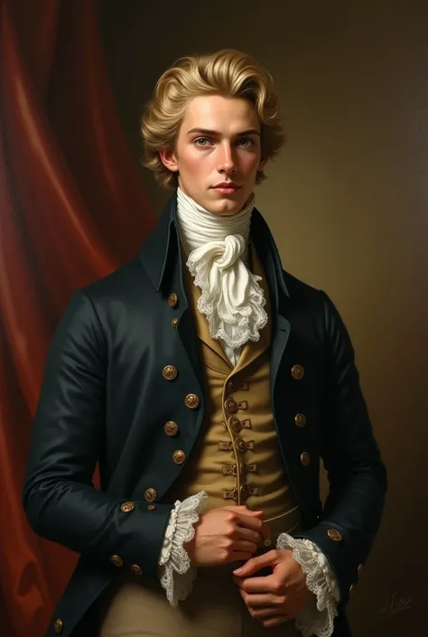 Create a face of a young man, 20 years old, rich, from the 18th century, with blond hair, brown eyes and nationality: London