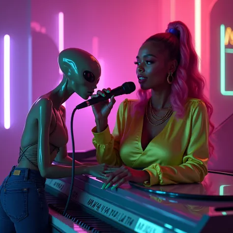 a hyperrealistic biracial woman, beautiful detailed eyes, beautiful detailed lips, extremely detailed face and skin, long eyelashes, pink wavy high ponytail, lime green silk top, blue jeans, laying across a glass piano in a futuristic bar with neon lights,...