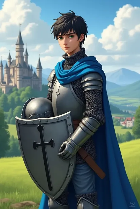 Young man with short dark hair, his eyes are light green. wearing gray chainmail armor with a blue cape over his shoulders, in one hand he holds a heavy shield with the symbol of a sword piercing a scale. In the other hand a closed plumed knight&#39;s helm...