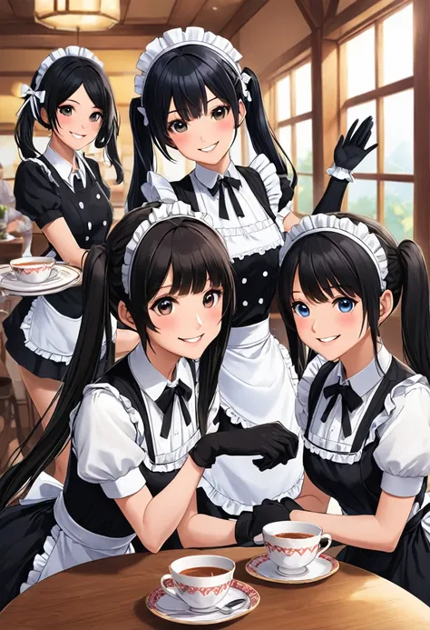 apron, black_gloves, black_hair, Long Hair, Twin tails、smile、cup, dress, elbow_gloves, enMaided, gloves, headdress, length_hair, Maid, Maid_apron, Maid_headdress, multiple_girl, One_eye_閉じたsmile, teacup, Waist_apron, Waitress
 