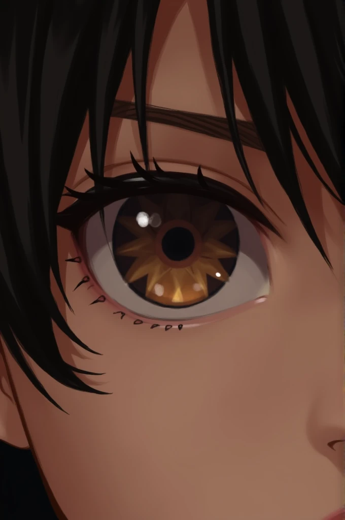 "Close-up of a pair of eyes in a horizontal frame, inspired by Jun Kazamas style from Tekken. The eyes are gentle yet intense, with soft, feminine features and a calm, determined gaze. The irises have a natural, earthy tone, with subtle reflections of ligh...